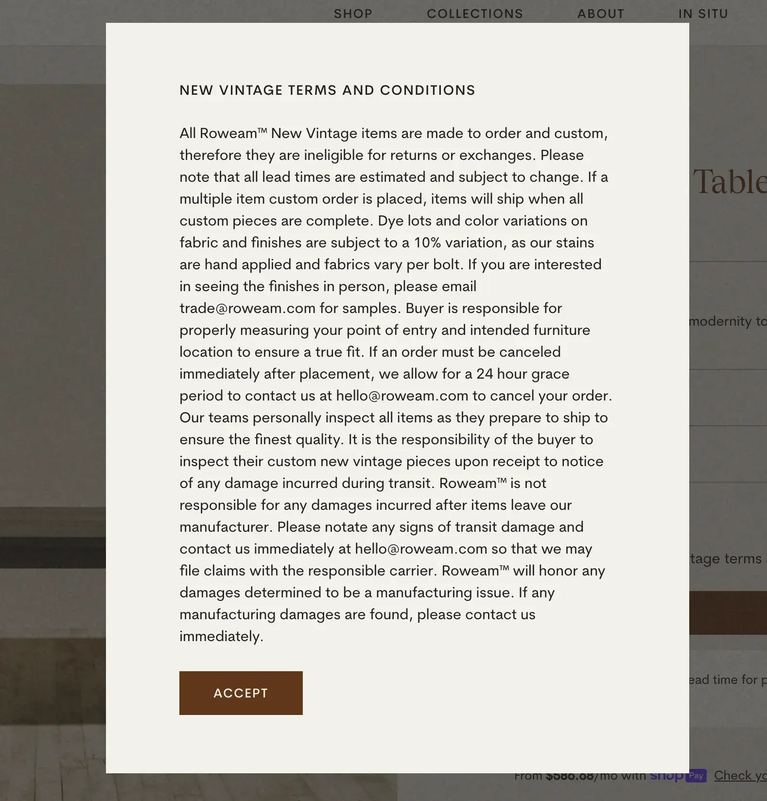 Roweam’s terms and conditions in a popup