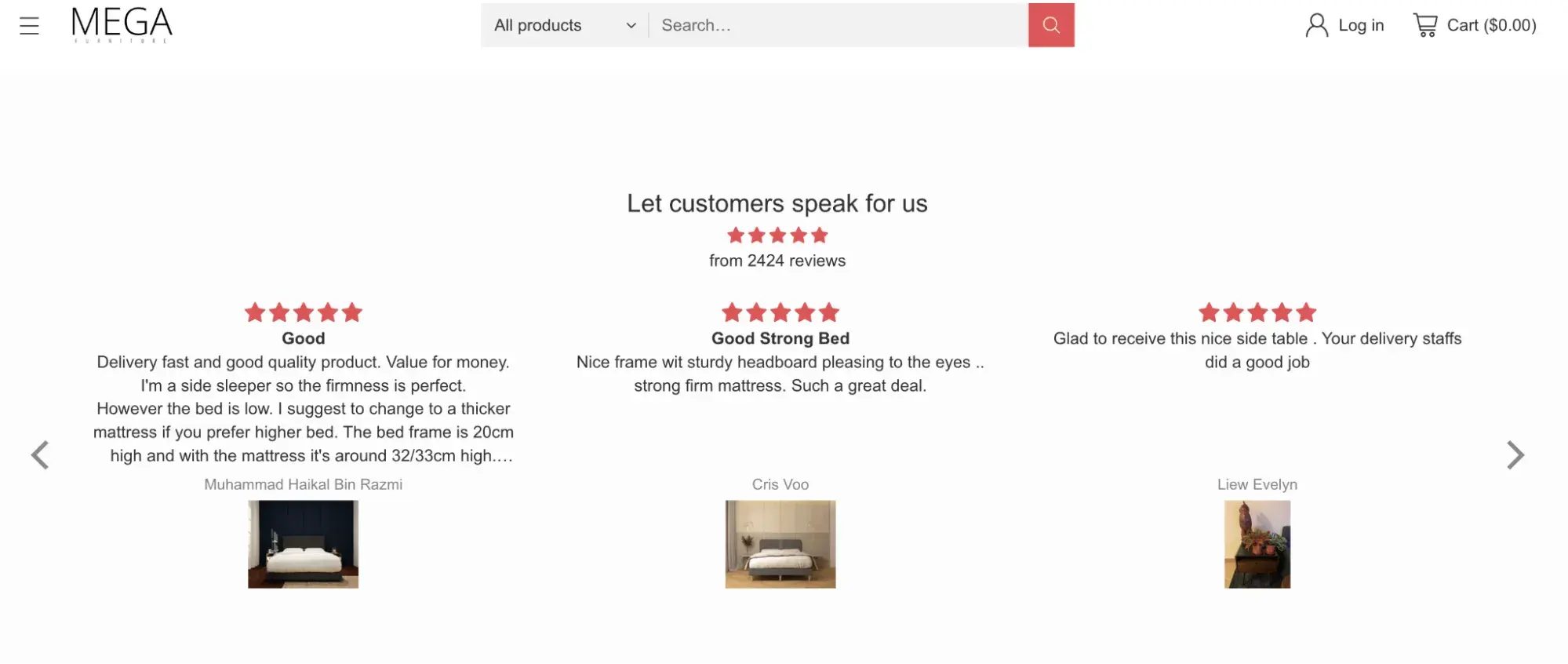 Megafurniture’s customer reviews section