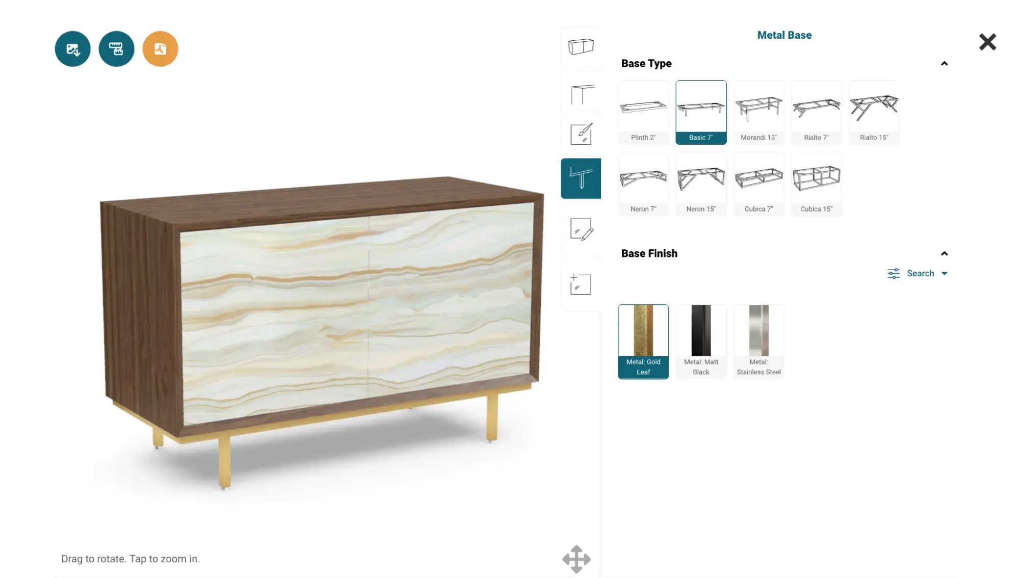 Glassisimo 3D visualizer showing base type and base finish of a furniture product