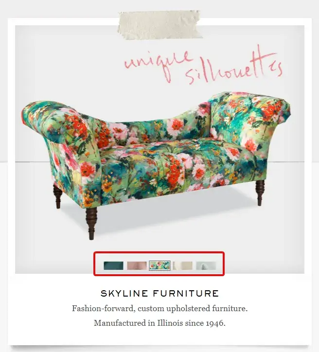 best practices for furniture website design color swatches: Skyline Furniture’s product page example