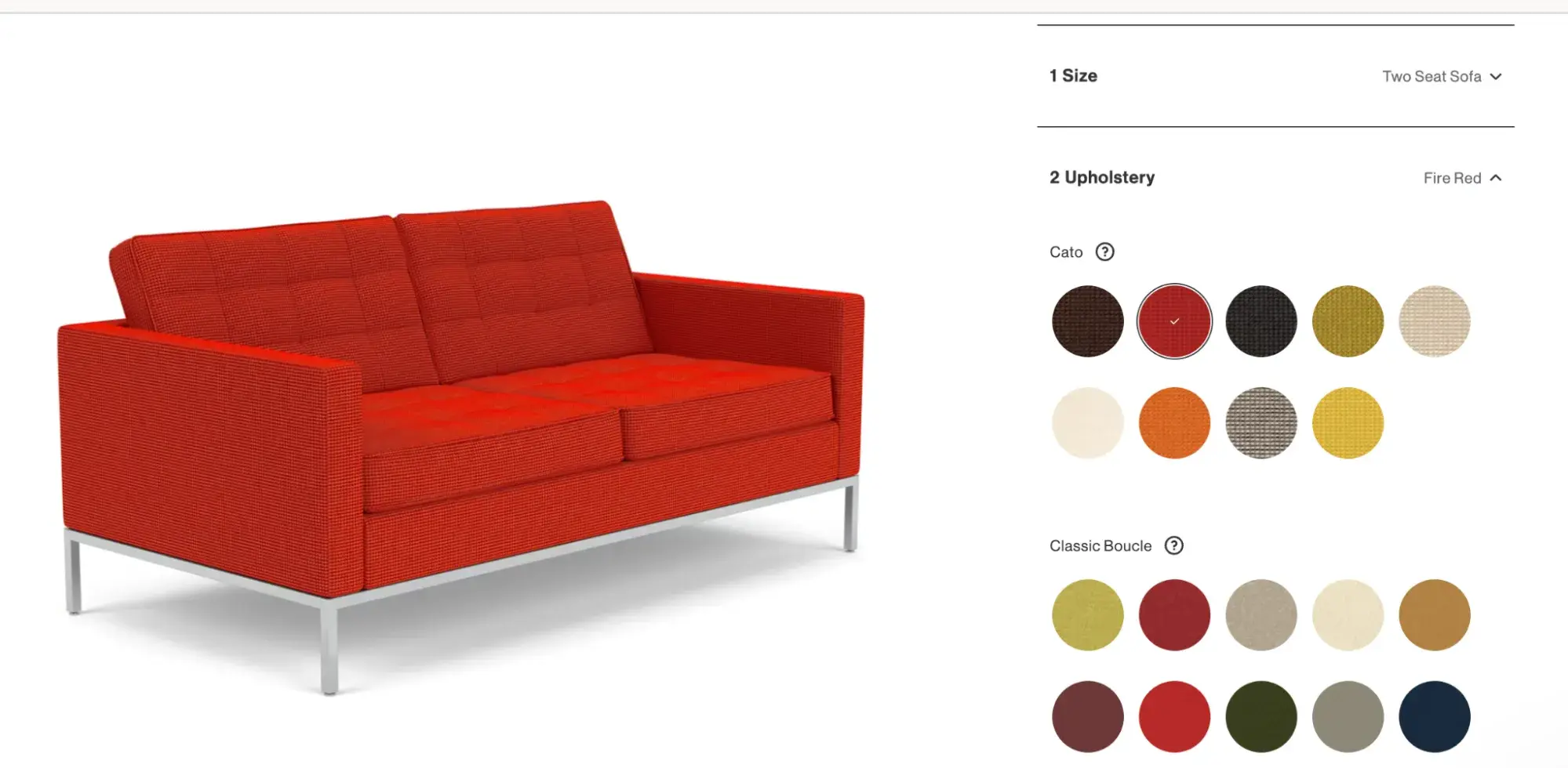 Knoll’s product page shows a red couch with multiple upholstery color options and the number 1 before “Size” and number 2 before “Upholstery”