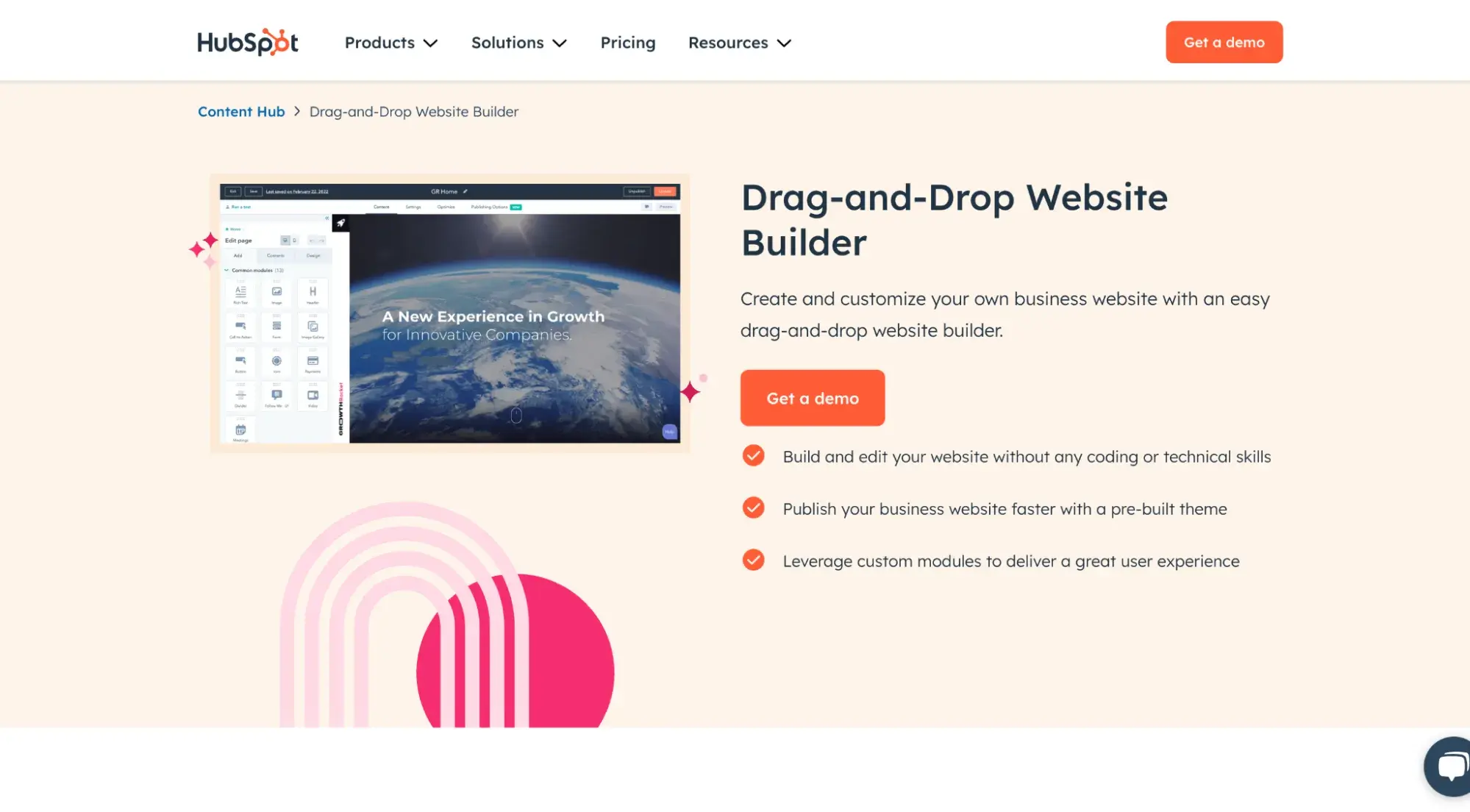 HubSpot’s drag-and-drop website builder page