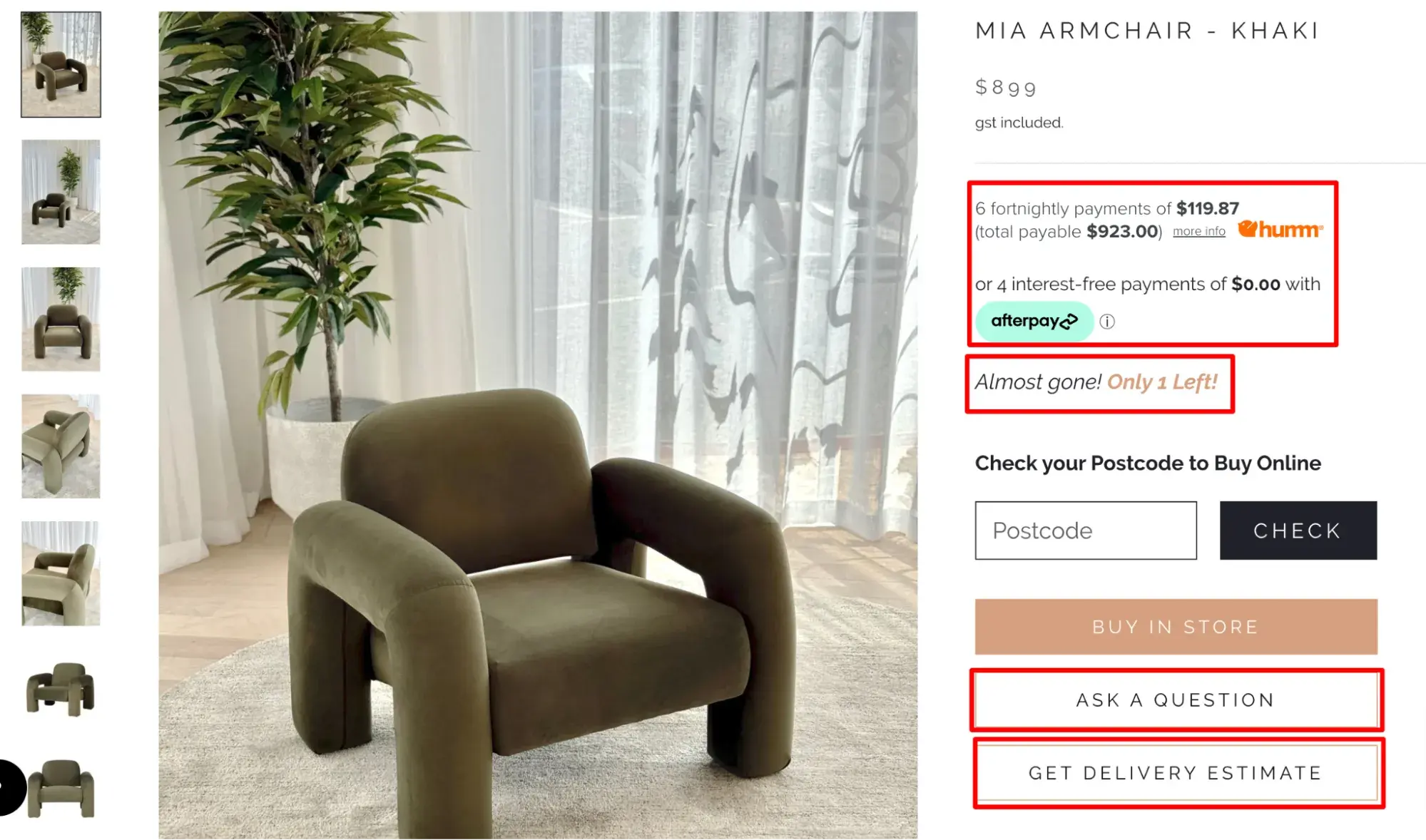 The Furniture Gallery’s product page showing an armchair and payment options