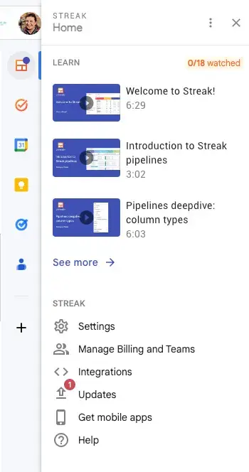 streak crm for gmail features a series of welcome videos.