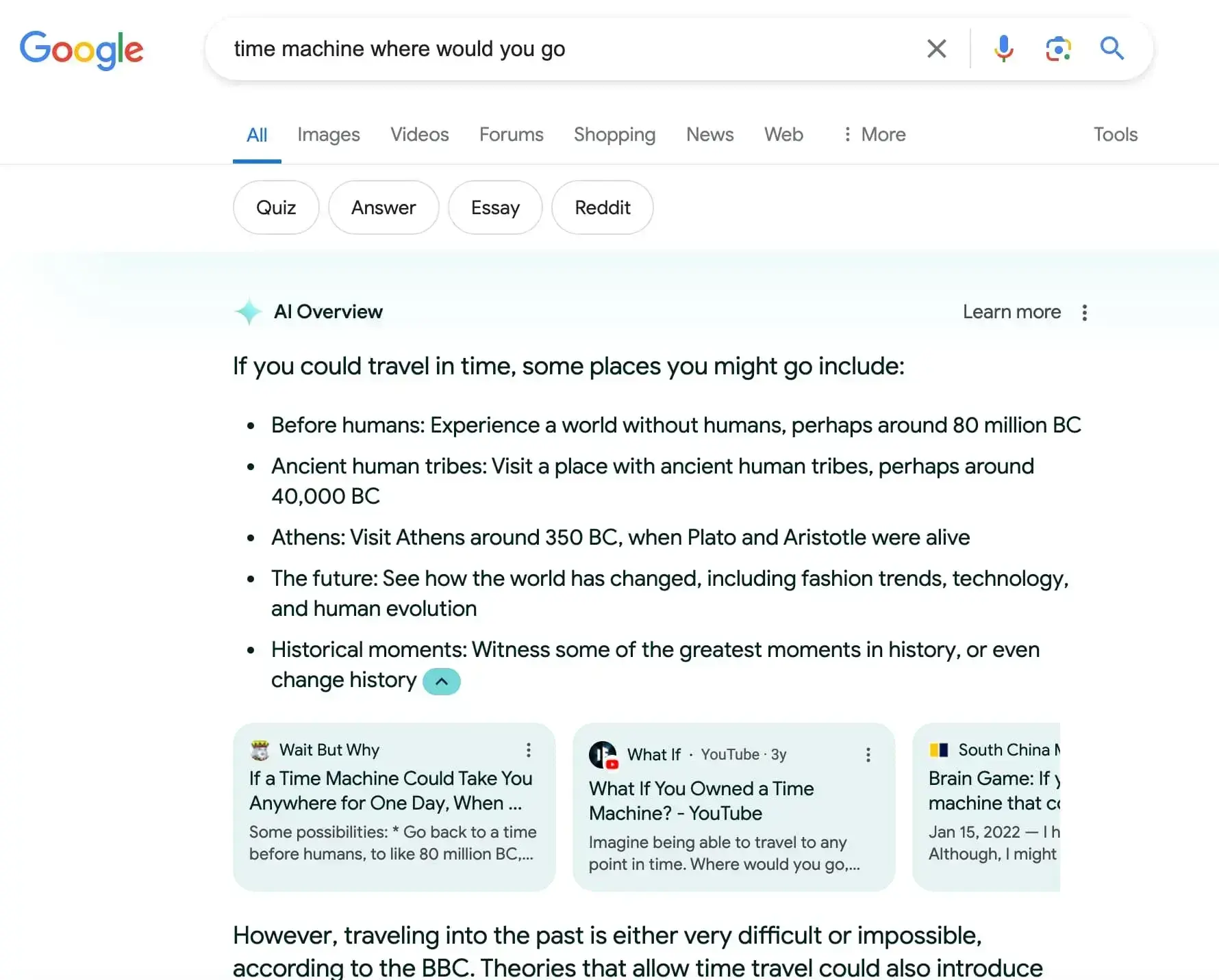 Screenshot showing the example of an AI overview that comes up on Google for the query, “time machine where would you go”