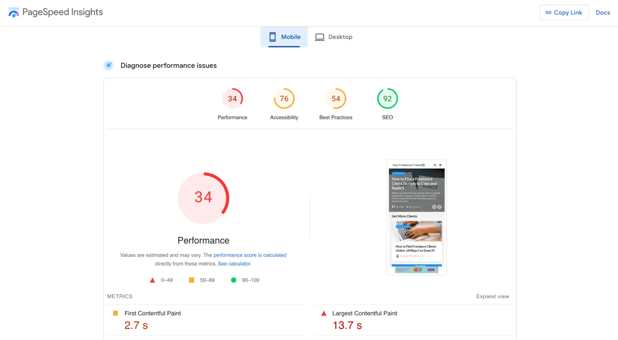 The mobile results of a Google PageSpeed Insights report