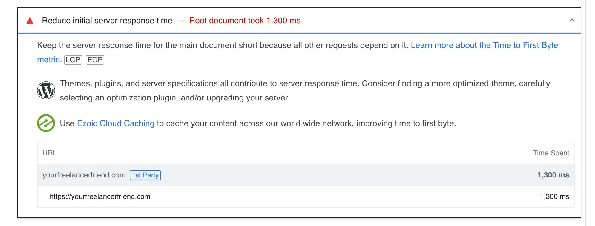 Google PageSpeed Insights recommending that the user enables Ezoic Cloud Caching