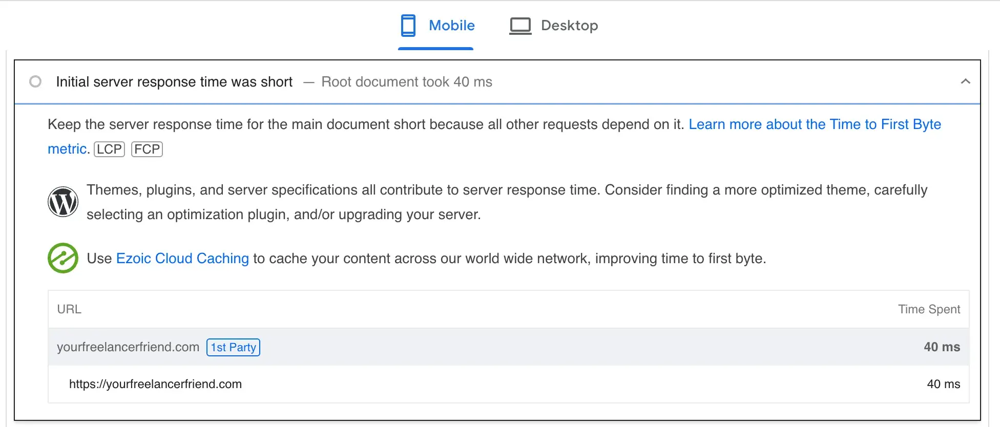 Google PageSpeed Insights results showing an initial server response time of 40 milliseconds