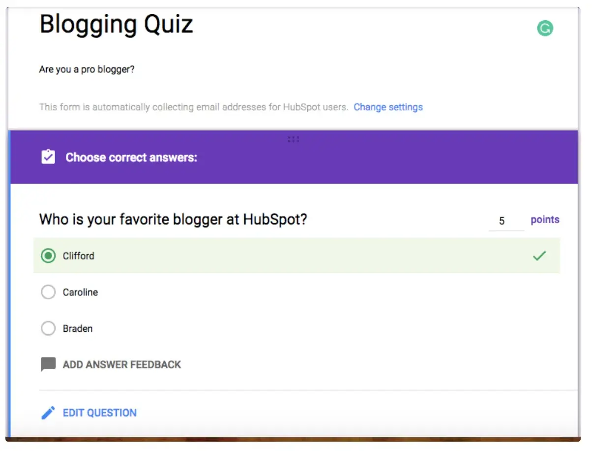 Screencap of answering first quiz question.