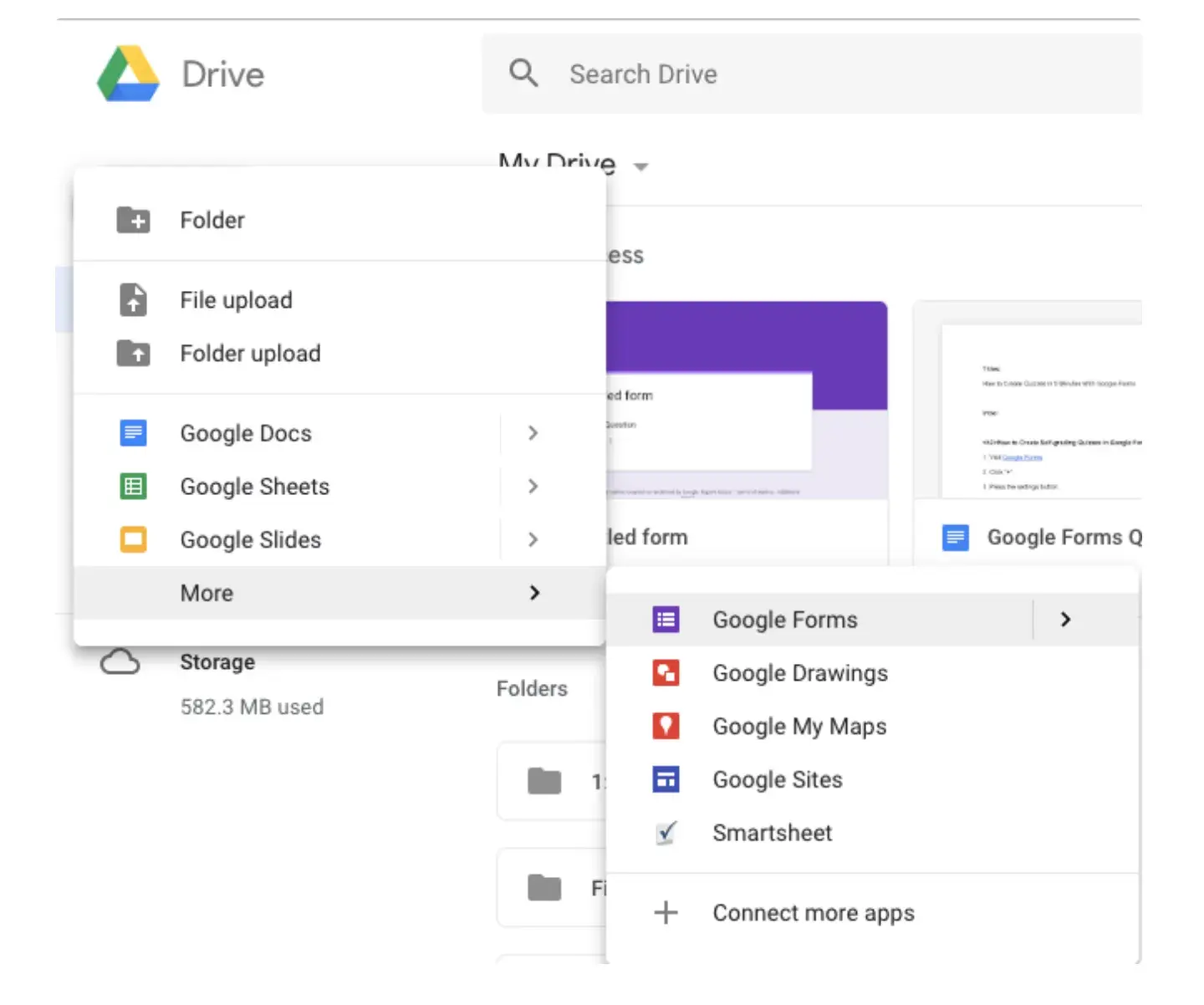 Screencap of Google Drive menu showing Google Forms.