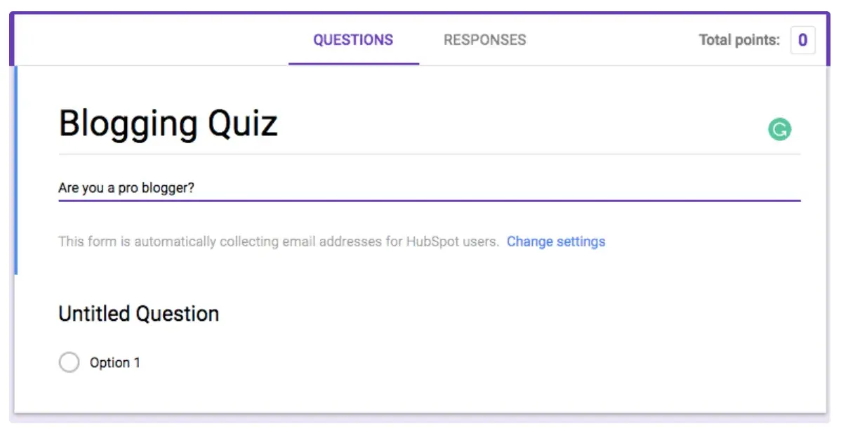 Screencap of quiz name: “Blogging Quiz.”