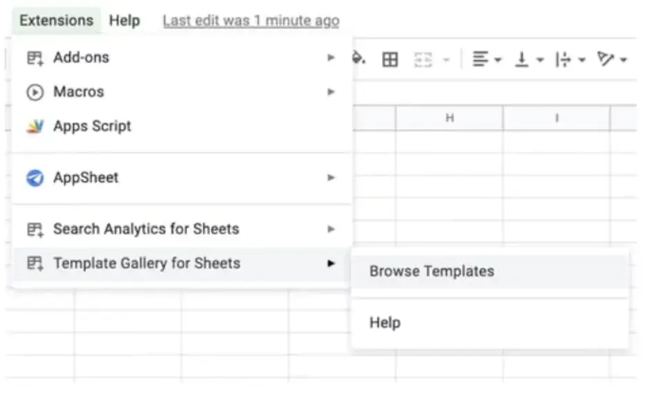 screencap of extensions menu > template gallery for sheets > browse templates.