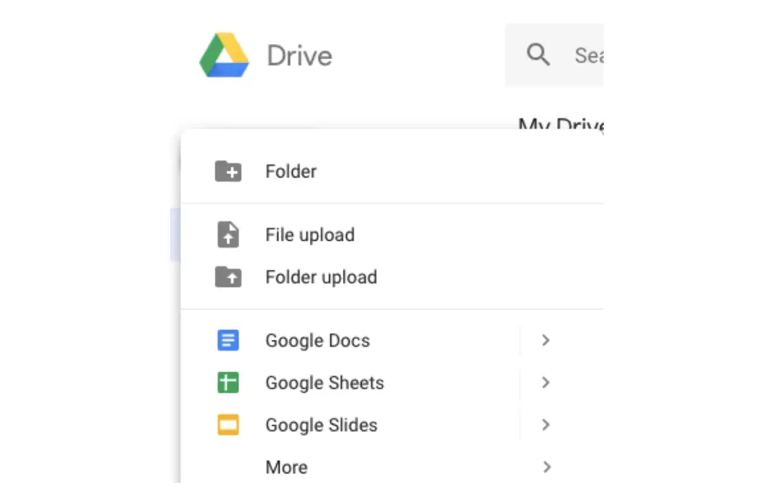 Screencap of Google Drive menu.