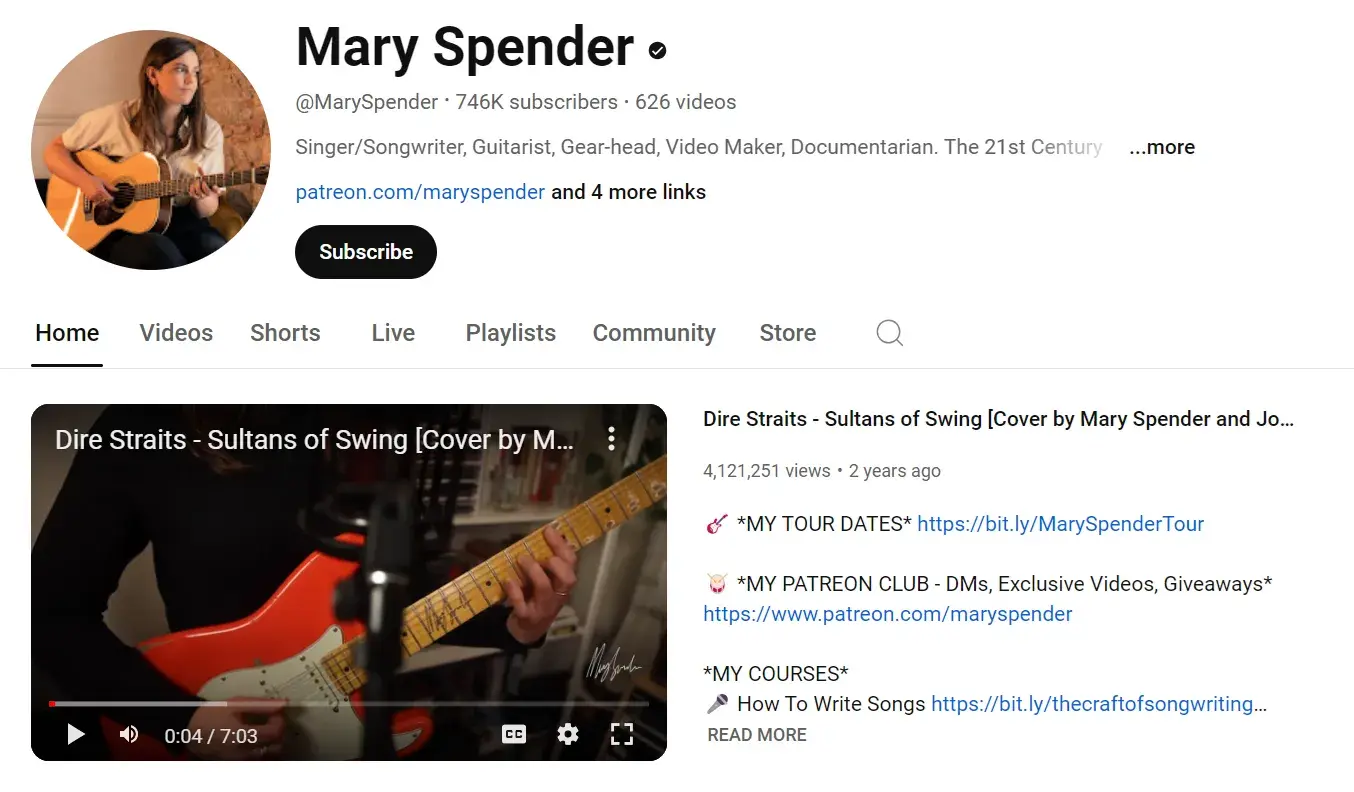 Screenshot of Mary Spender’s YouTube homepage