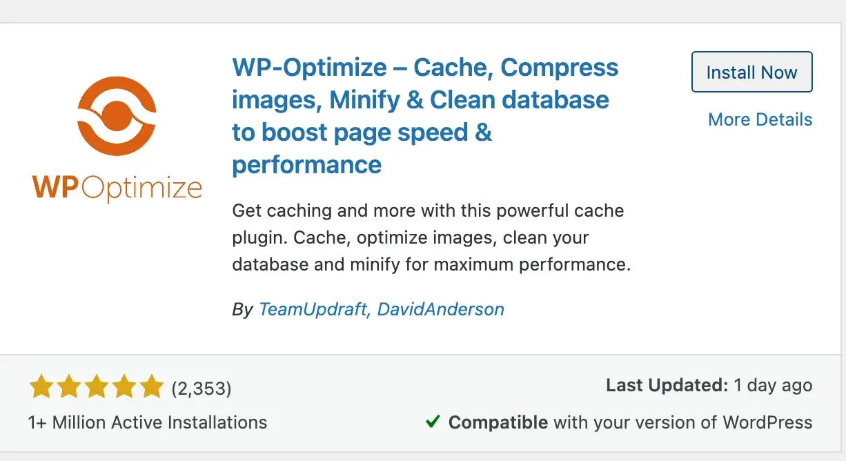 The WP-Optimize plugin, as shown in the WordPress dashboard with “Install Now” button