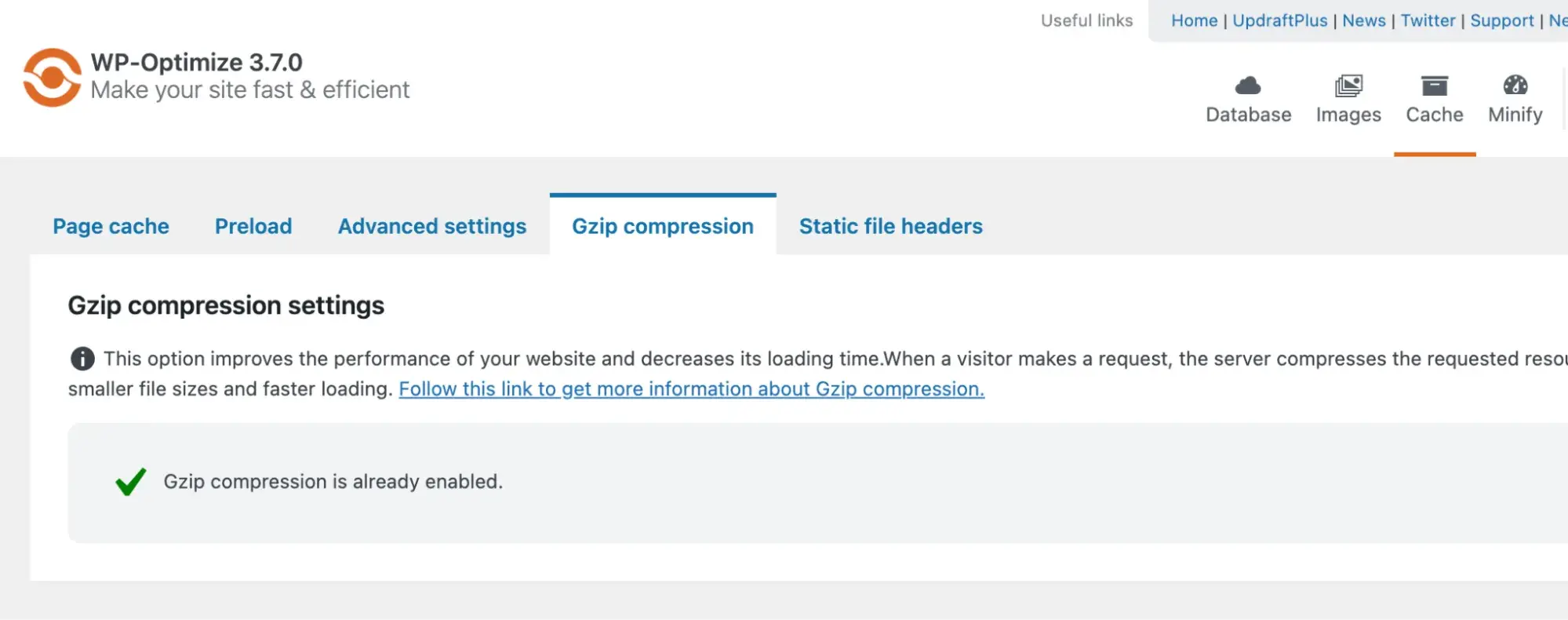 The WP-Optimize plugin showing “Gzip compression is already enabled”