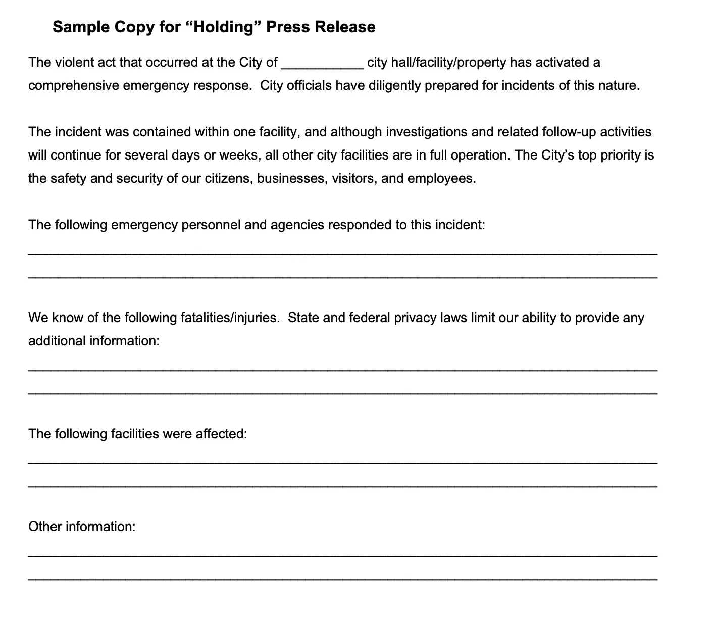 holding statement template, violent incident