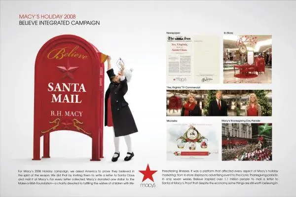 Advertisement for Macy's 2008 Believe campaign, featuring a small child dropping his letter to Santa Claus into a red mailbox.