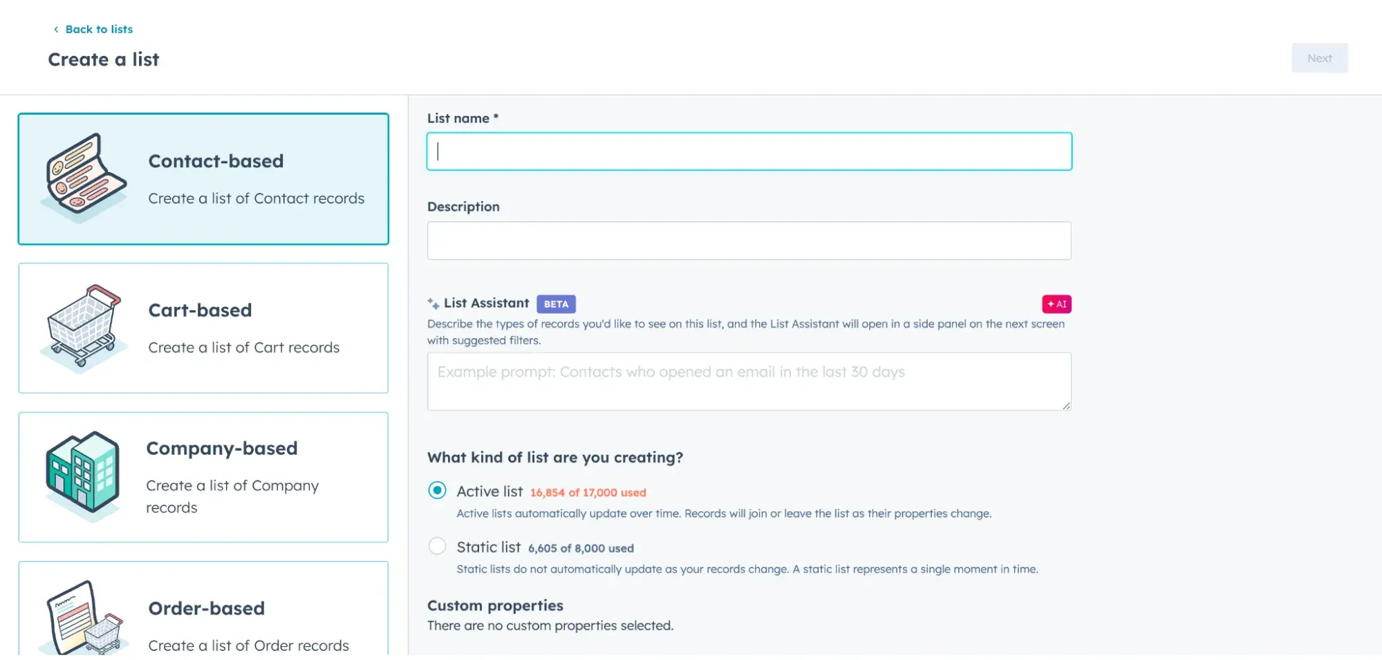 Screenshot showing HubSpot's active list building tool.