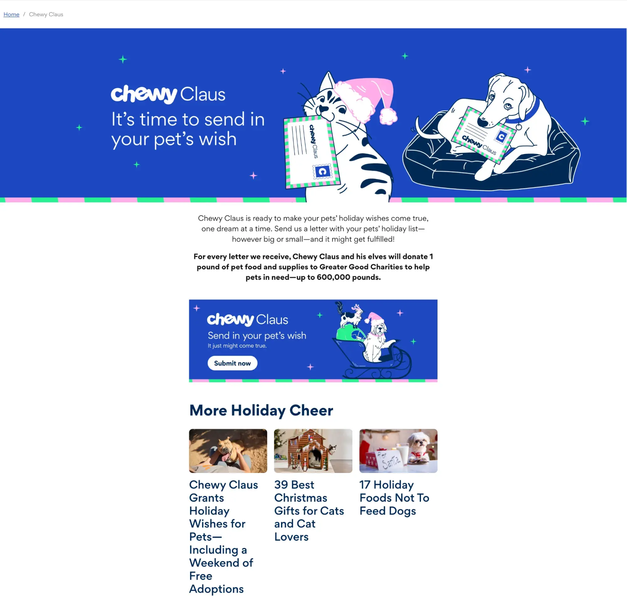 Screenshot of the Chewy Claus landing page