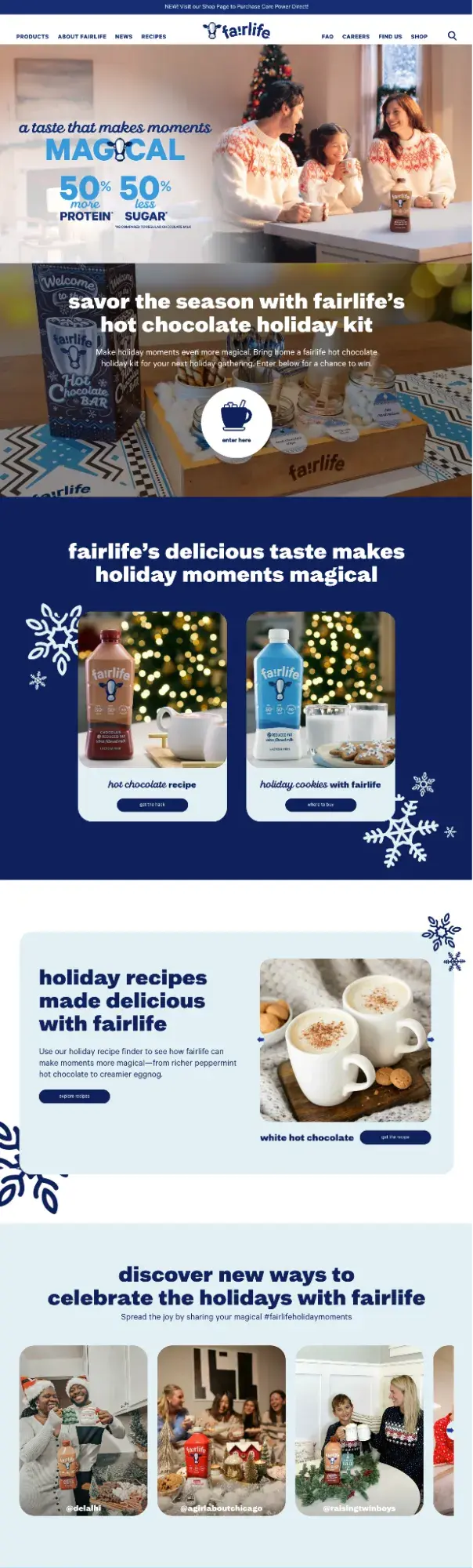 Screenshot showing the Fairlife holiday marketing landing page