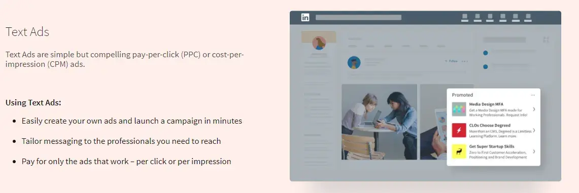 how does linkedin advertising work: screenshot taken from LinkedIn’s guide shows what the text ads look like and provides more data about how to use this paid ad type.