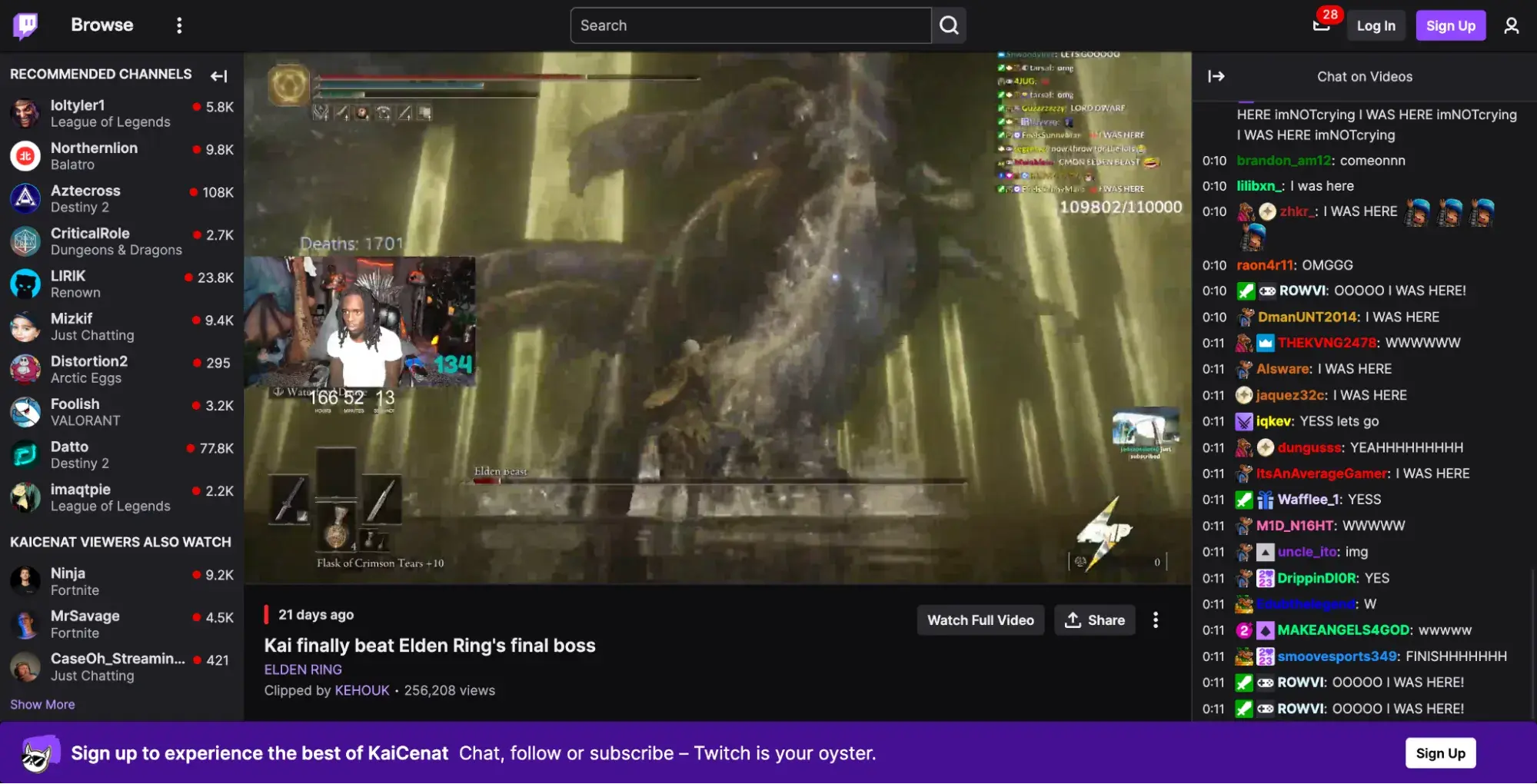 screenshot of a gameplay video on twitch streamer kaicenat’s profile.