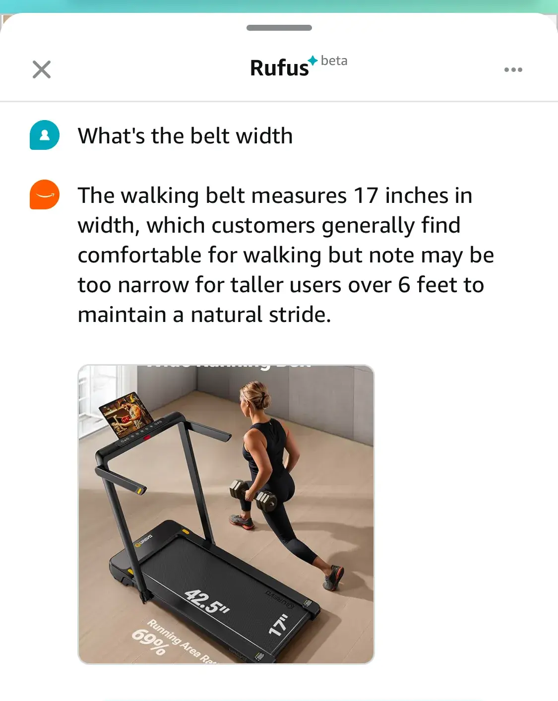 amazons rufus chatbox answering the question of whats the belt width