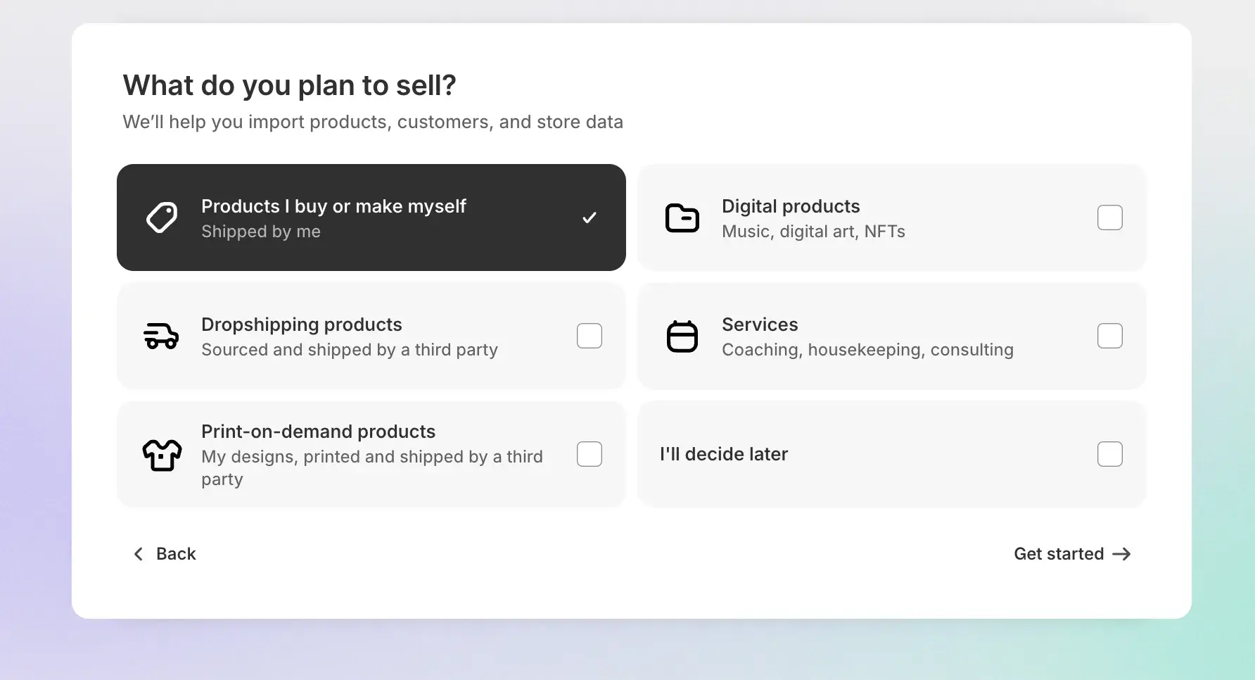 shopify ecommerce platform asks, what do you plan to sell?