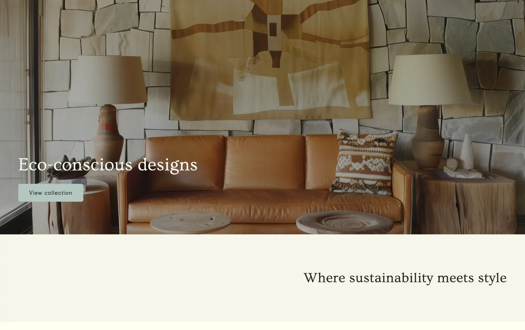 website theme with furniture photo and text that reads, eco-conscious designs and where sustainability meets style