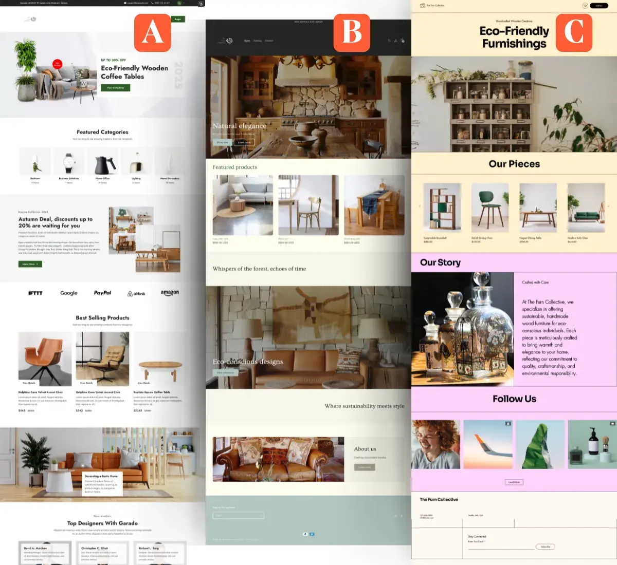 side-by-side comparison of three ecommerce website examples labeled a, b, and c