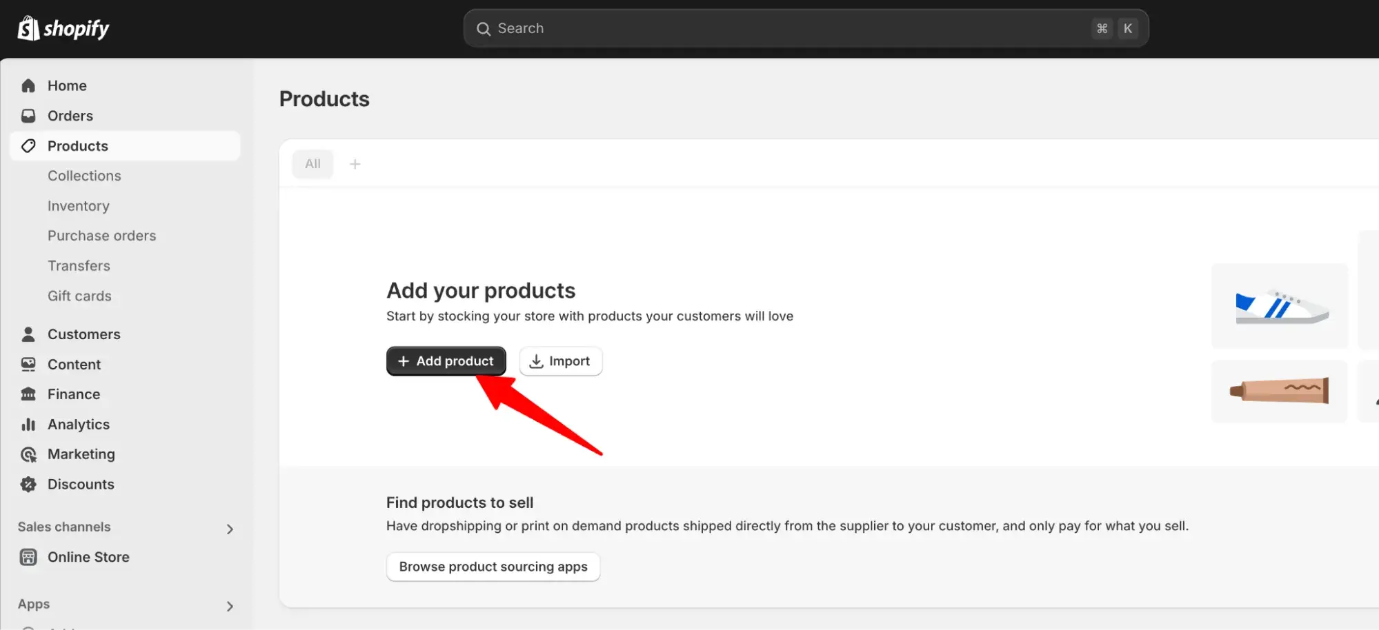 shopify dashboard with add product button