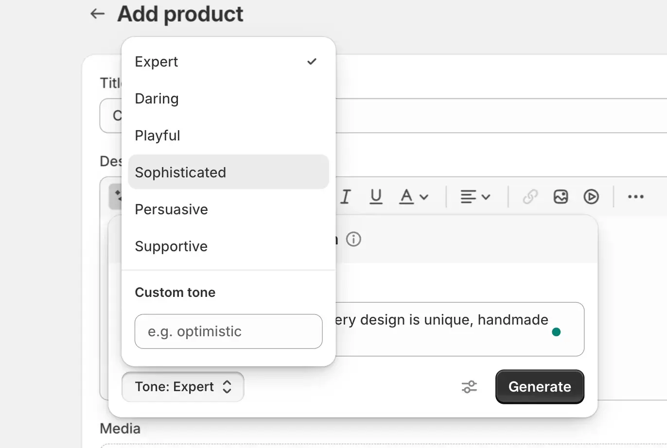 shopify magic text generator with different tones, including expert, daring, playful, and sophisticated
