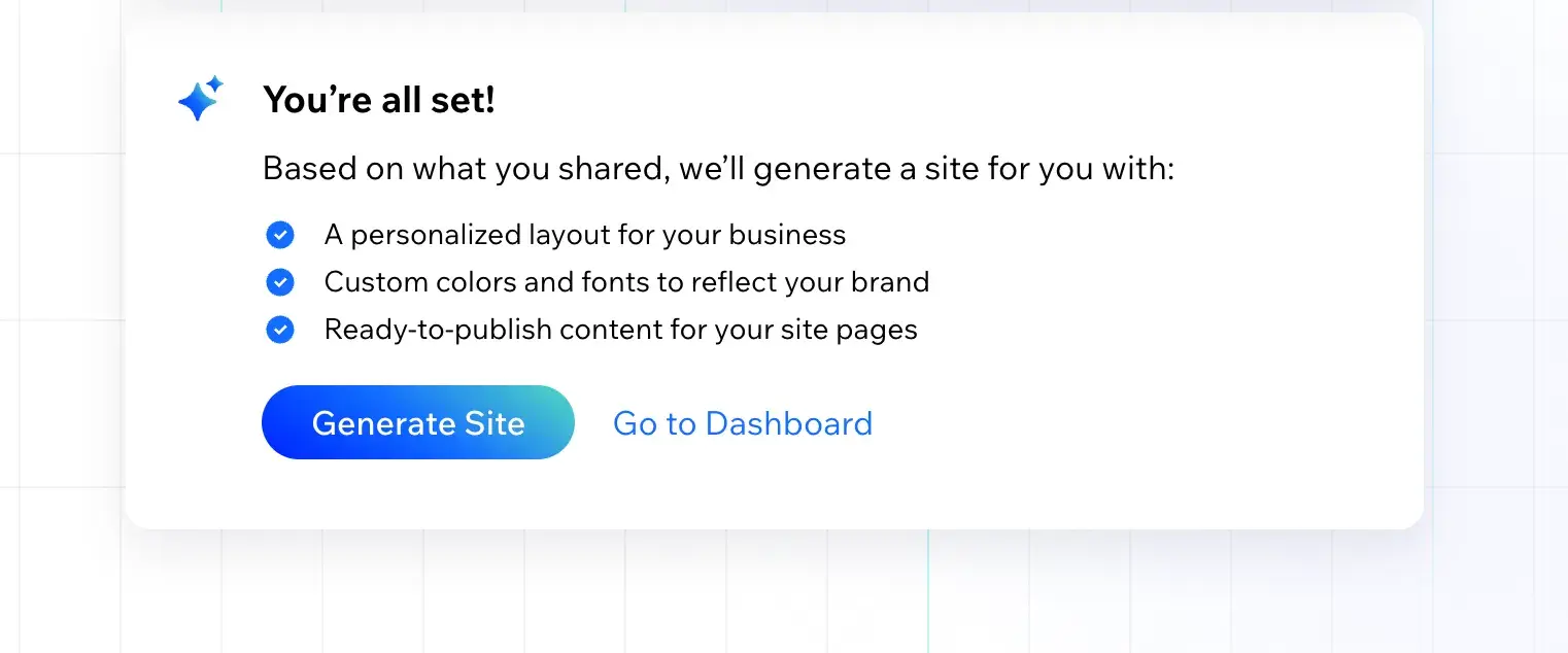 wix ai website builder saying youre all set! with a generate site button