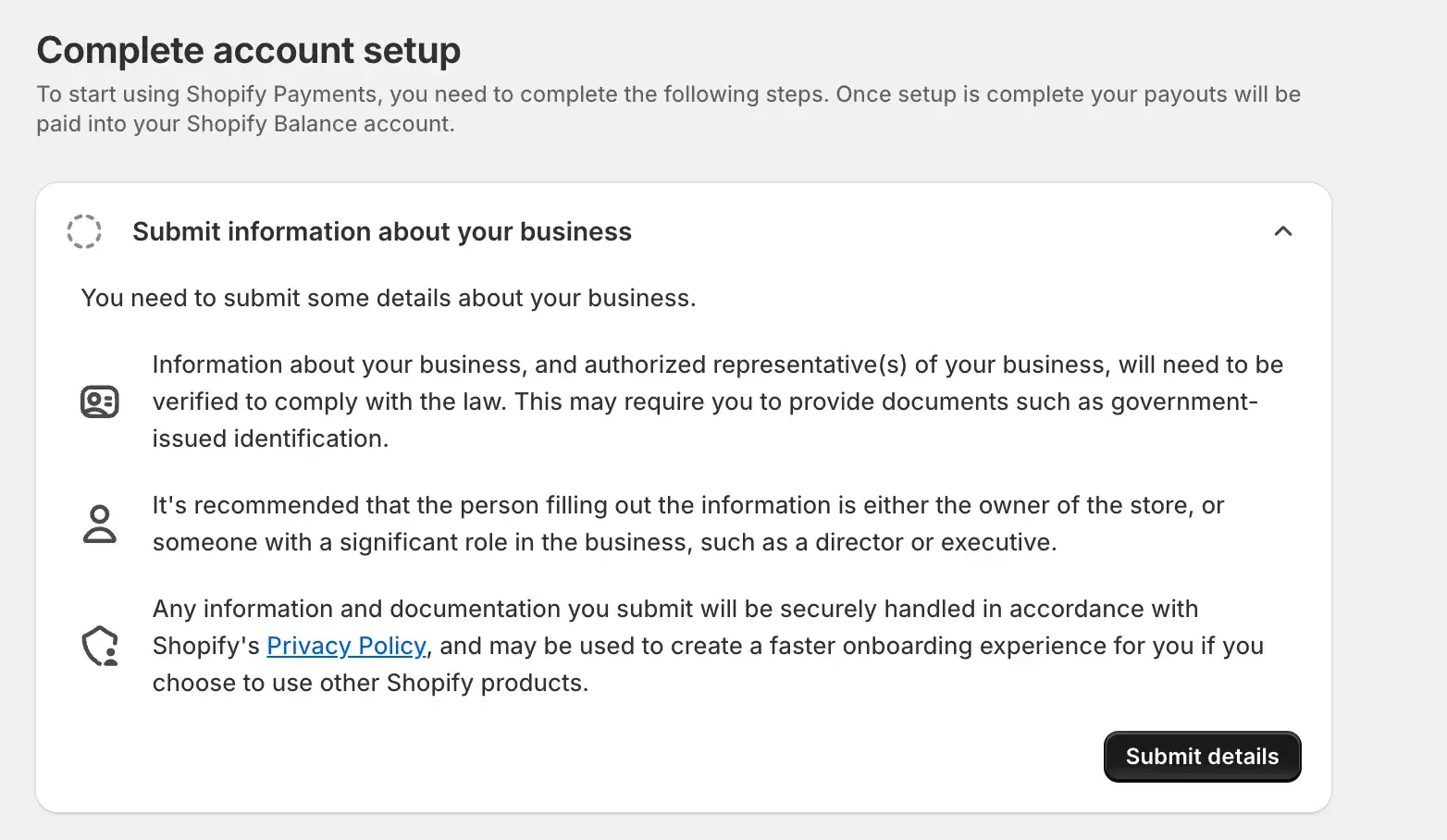 completing account setup for shopify payments. the screen asks you to submit information about your business