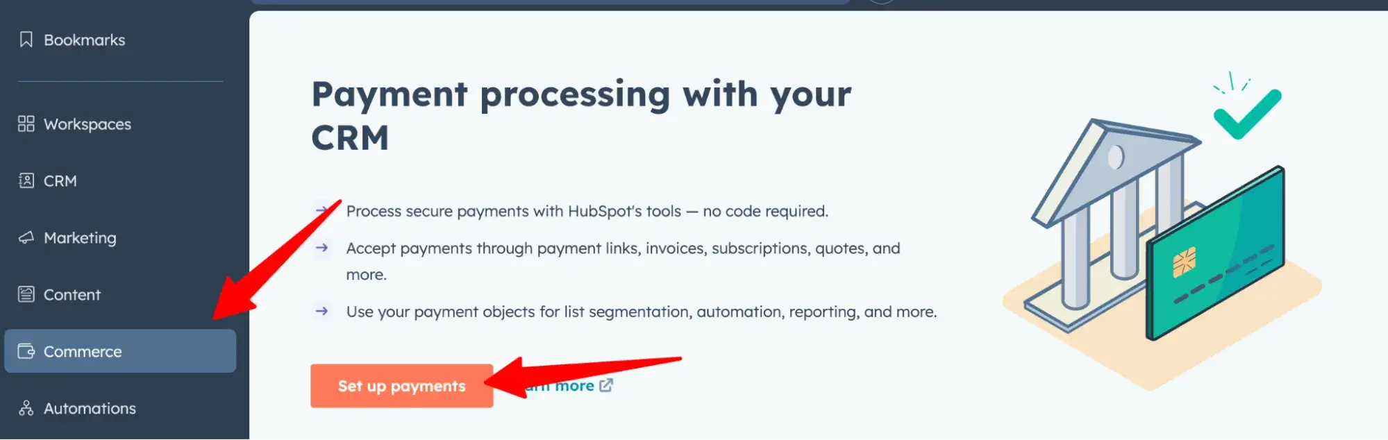 hubspot commerce dashboard. it reads, payment processing with your crm