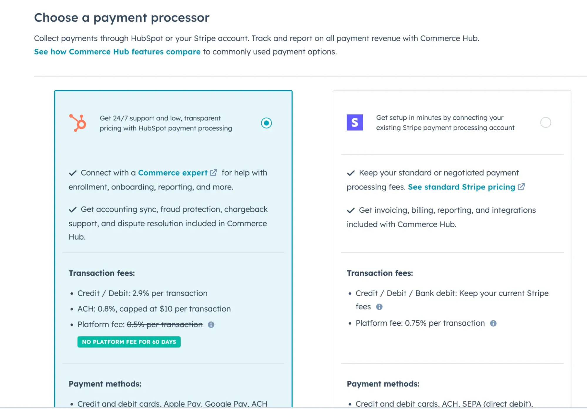 hubspot choose a payment processor shows two different options