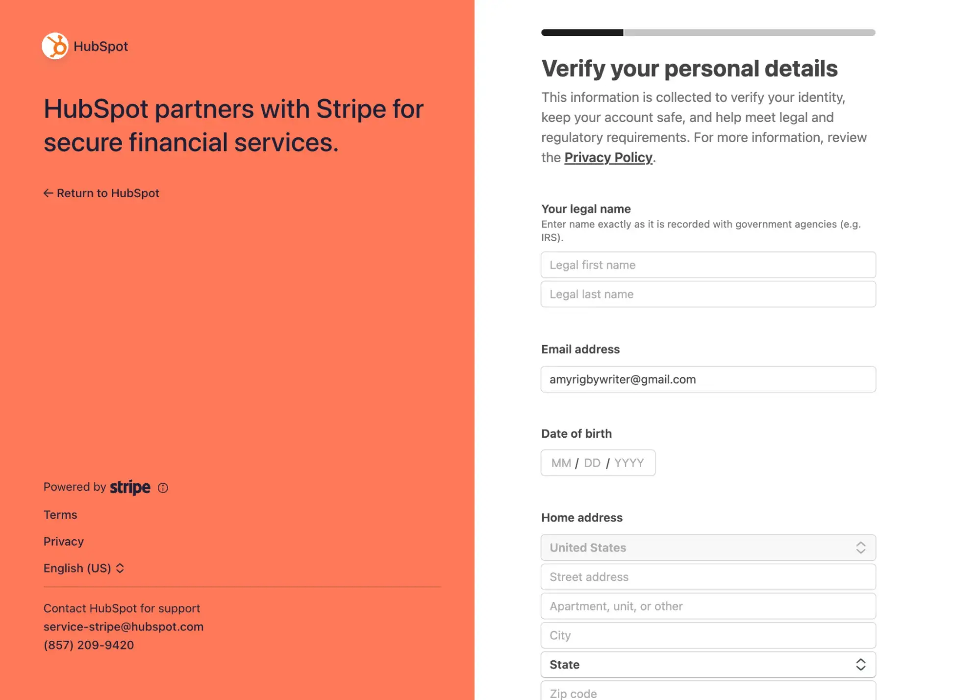 stripe connecting with hubspot. the screen asks you to verify your personal details