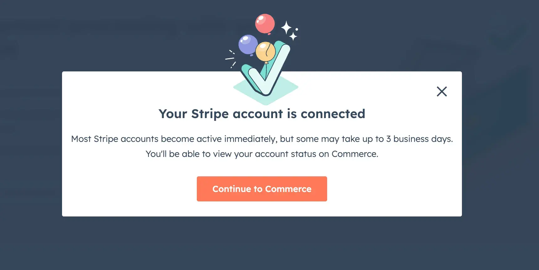 popup reads, your stripe account is connected