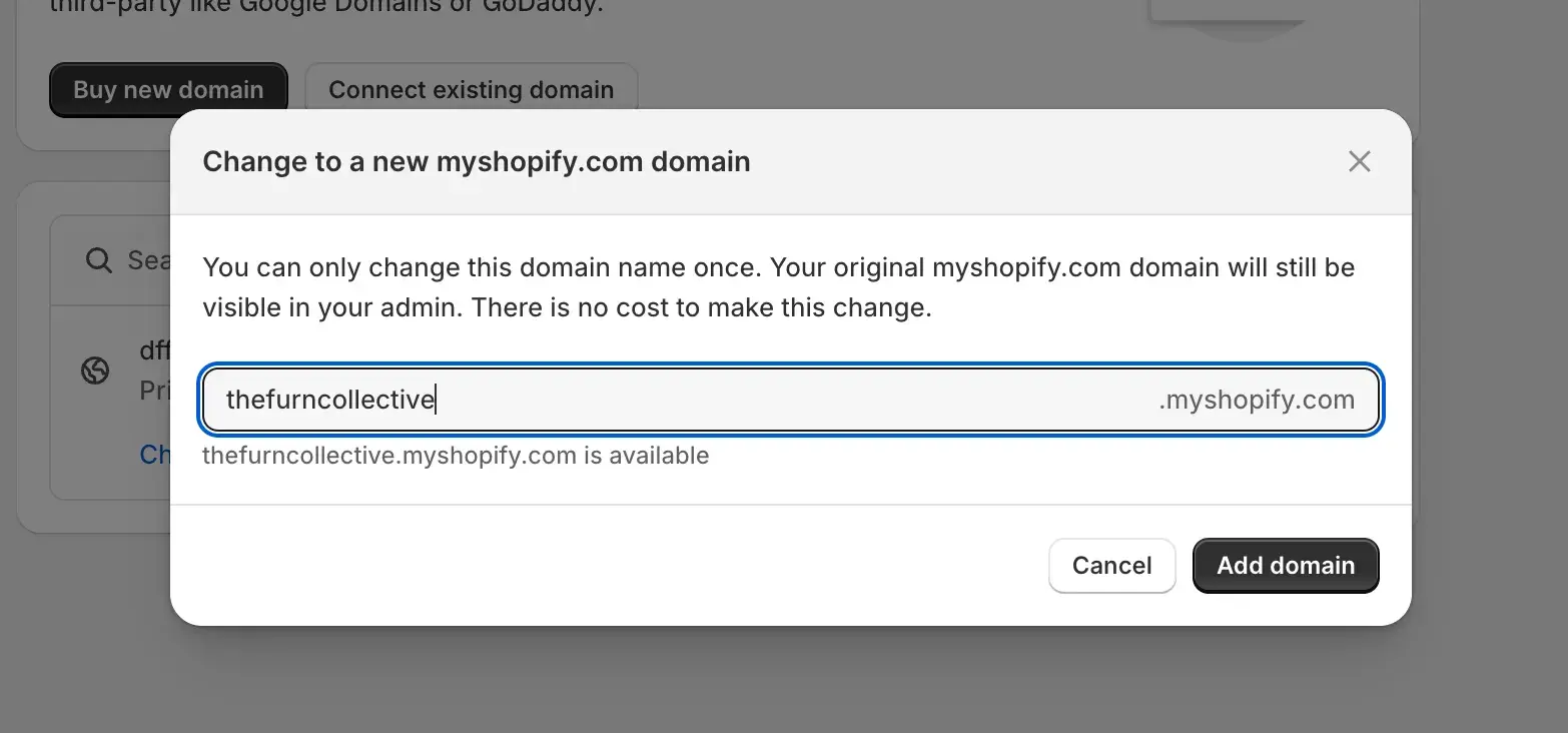 shopify dashboard popup lets you change myshopify.com domain name