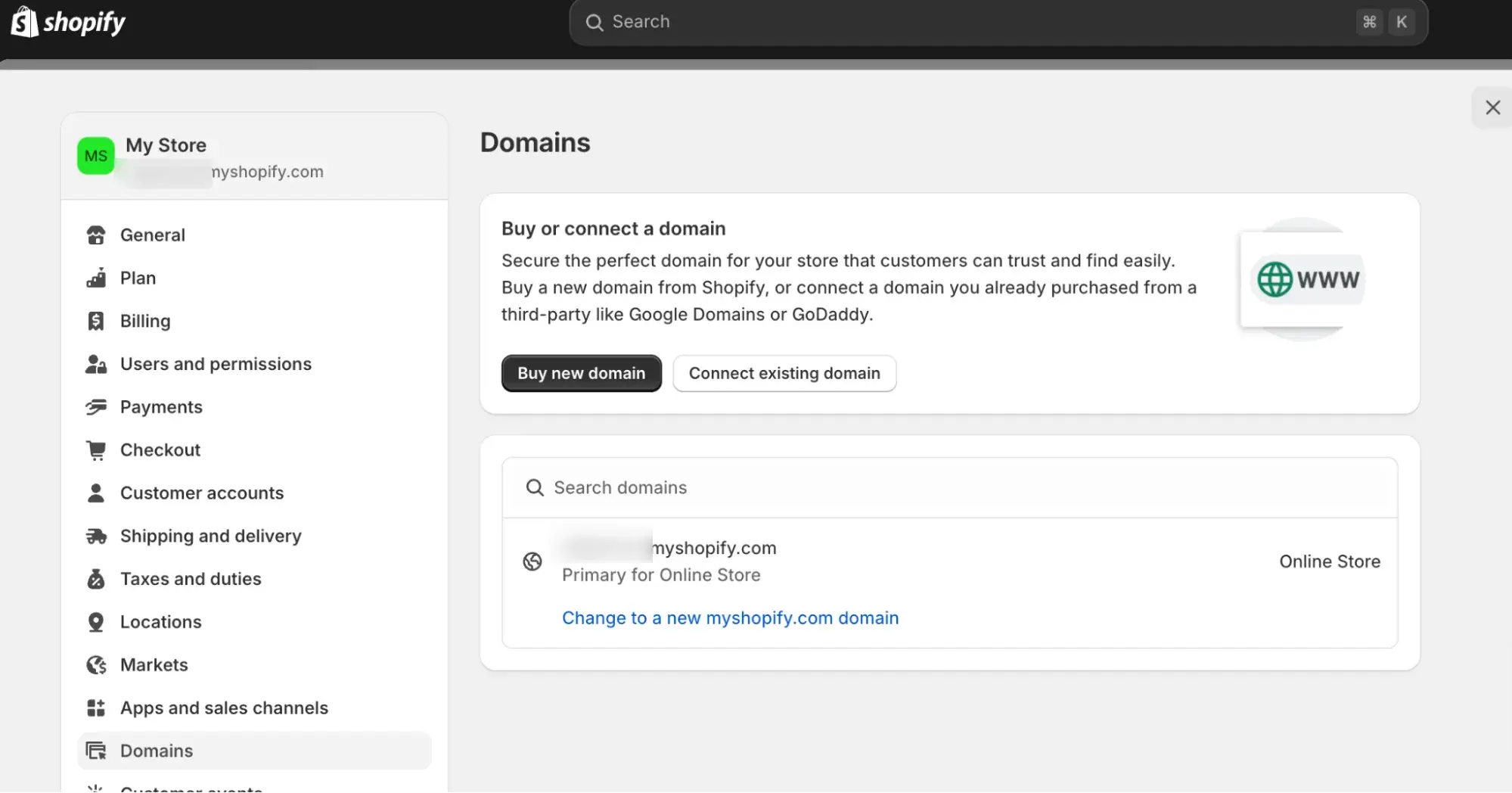 shopify dashboard domains section