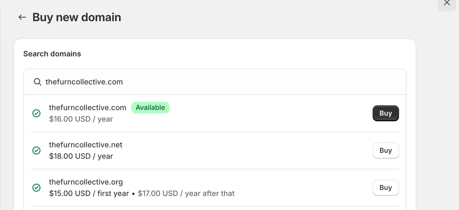 shopifys buy new domain shows thefurncollective.com for $16/year