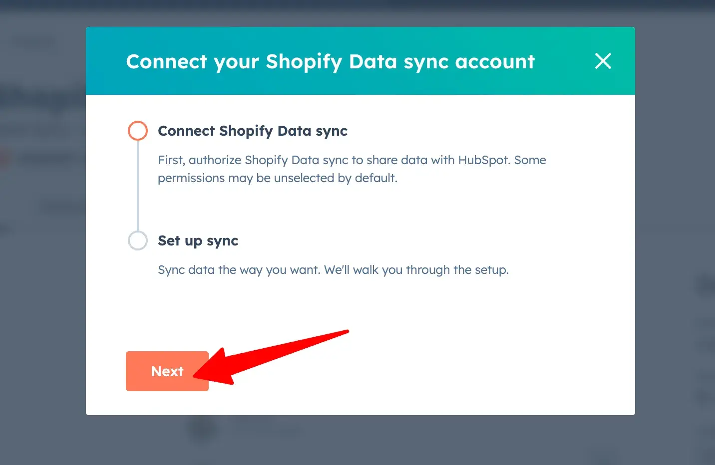 connect your shopify data sync account with orange next button