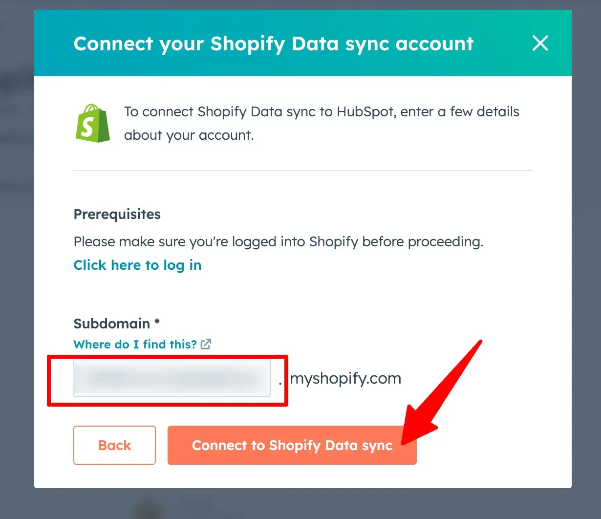 connect to shopify data sync orange button