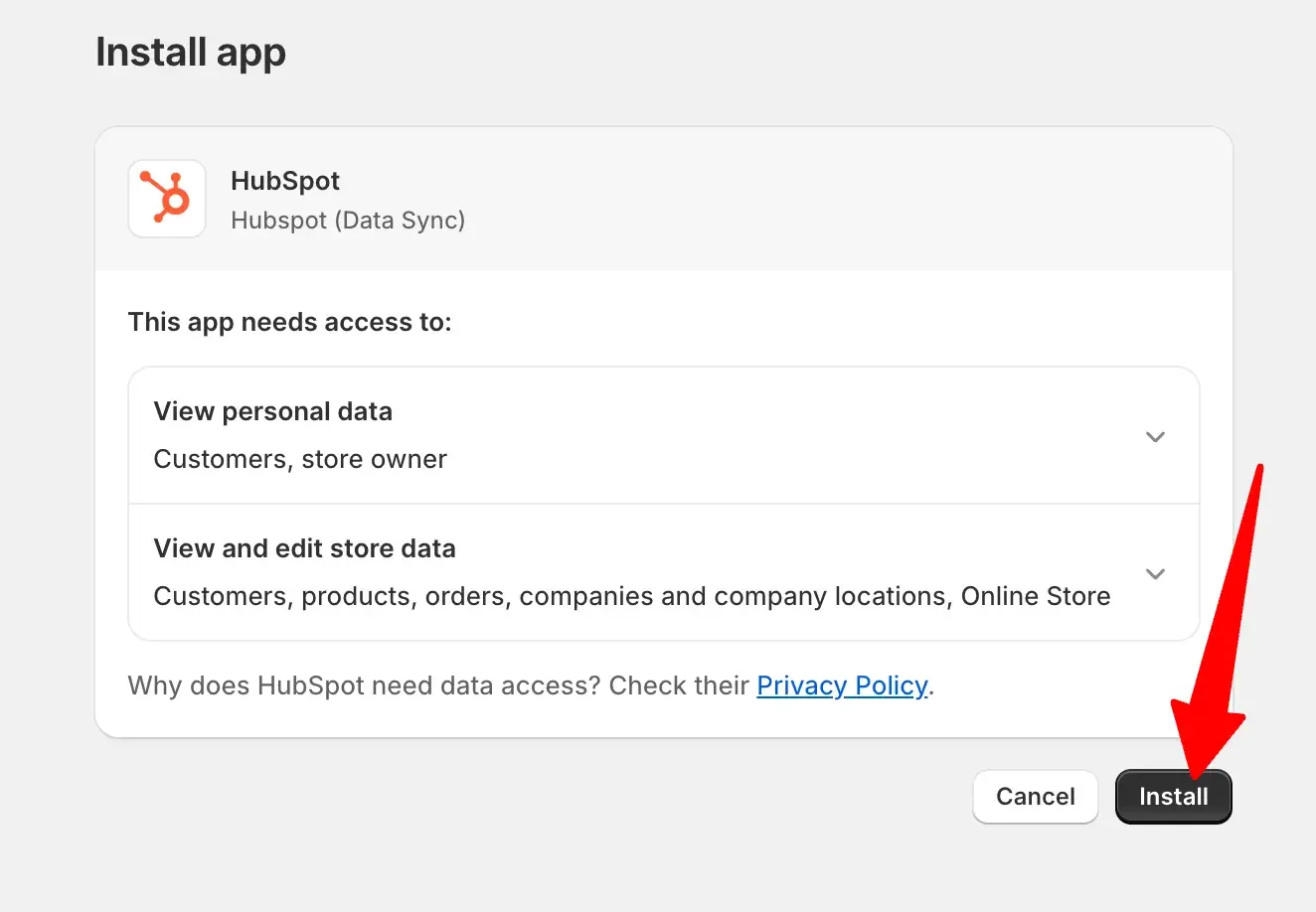 hubspot install app screen with install button