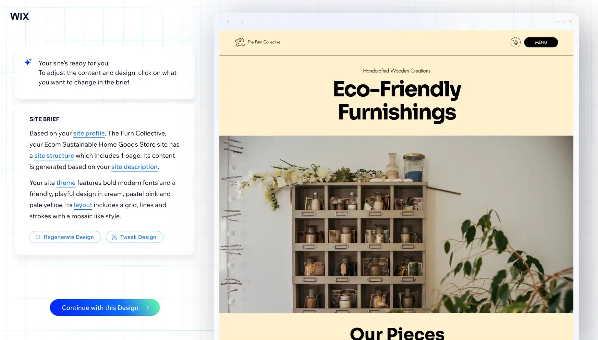 wix ai-generated website with pale yellow background, a header that says, eco-friendly furnishings and a hero image showing wood shelving and plants.