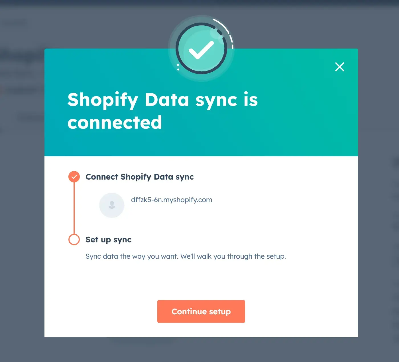 hubspot screen reads, shopify data sync is connected