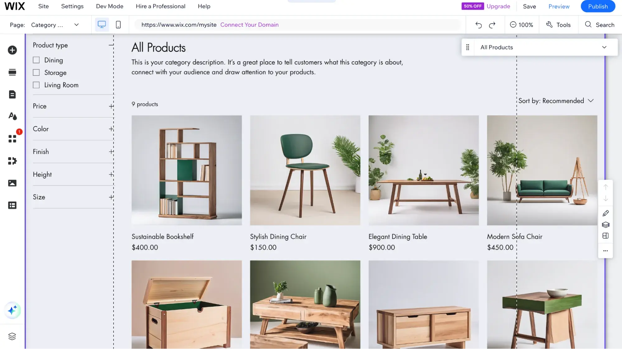 wix product listings showing a wood bookshelf, dining chair, dining table, and more