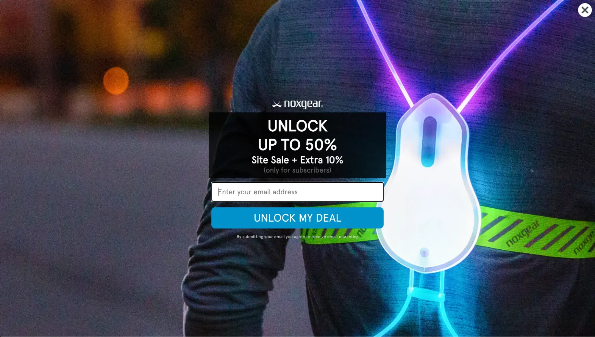 noxgear popup that says unlock up to 50% with email subscription form