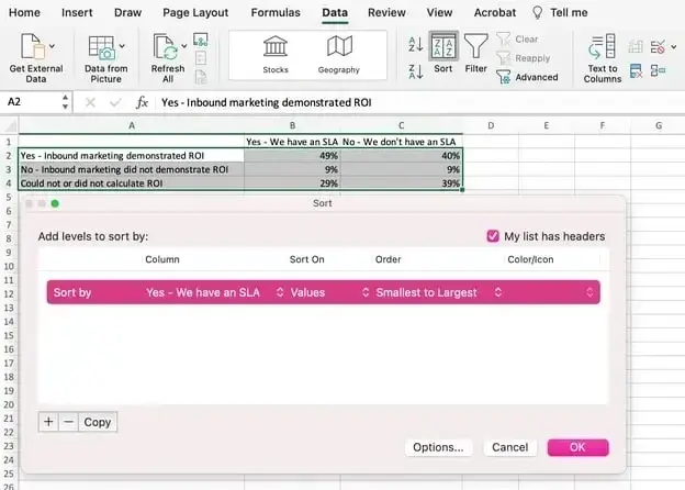 sorting data in ascending order in excel graph